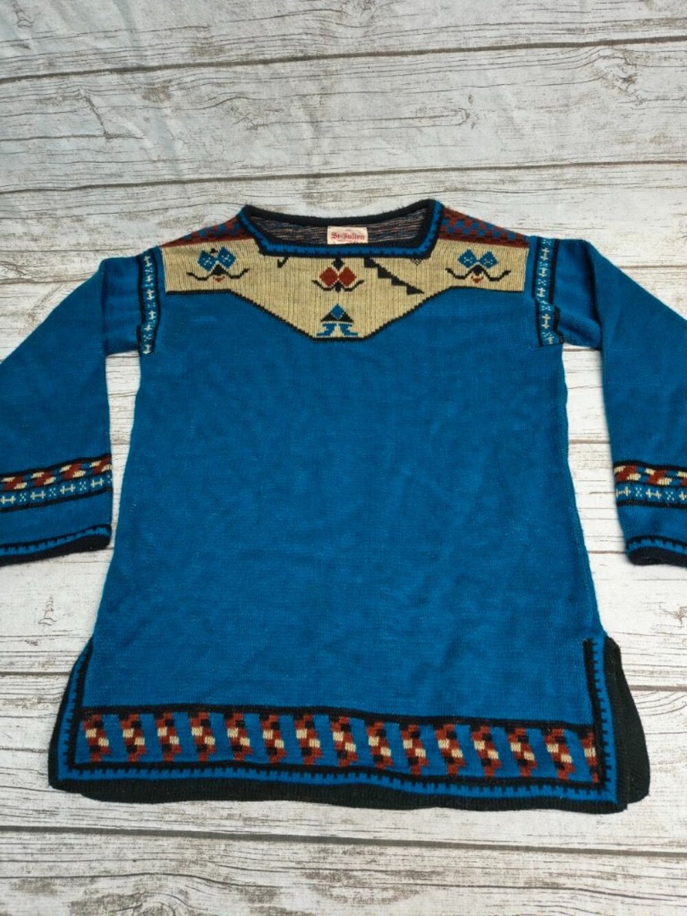 Vtg The St Julian Sweater Co Blue Southwestern Pattern Knit Sweater Size Large
